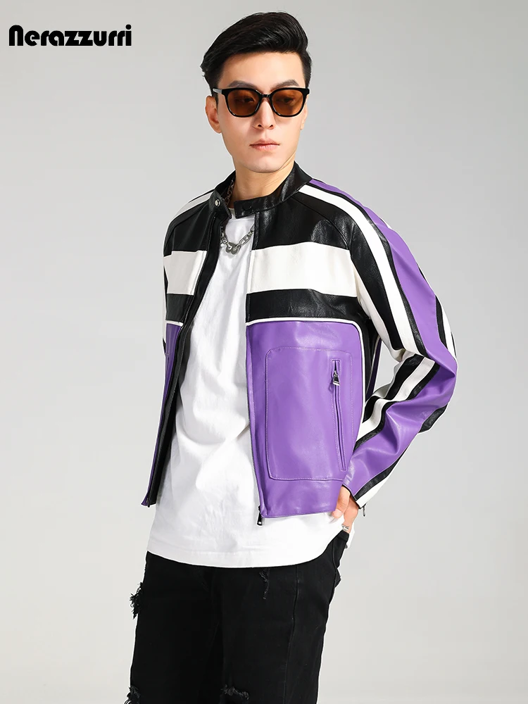 Nerazzurri Spring Autumn Cool Handsome Color Block Pu Leather