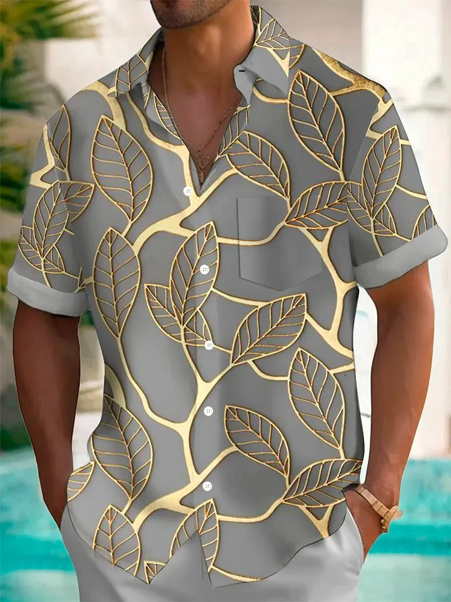 

Рубашка мужская с принтом листьев, модная повседневная Пляжная блуза свободного покроя, уличная мода, гавайский принт, с коротким рукавом, лето 2024