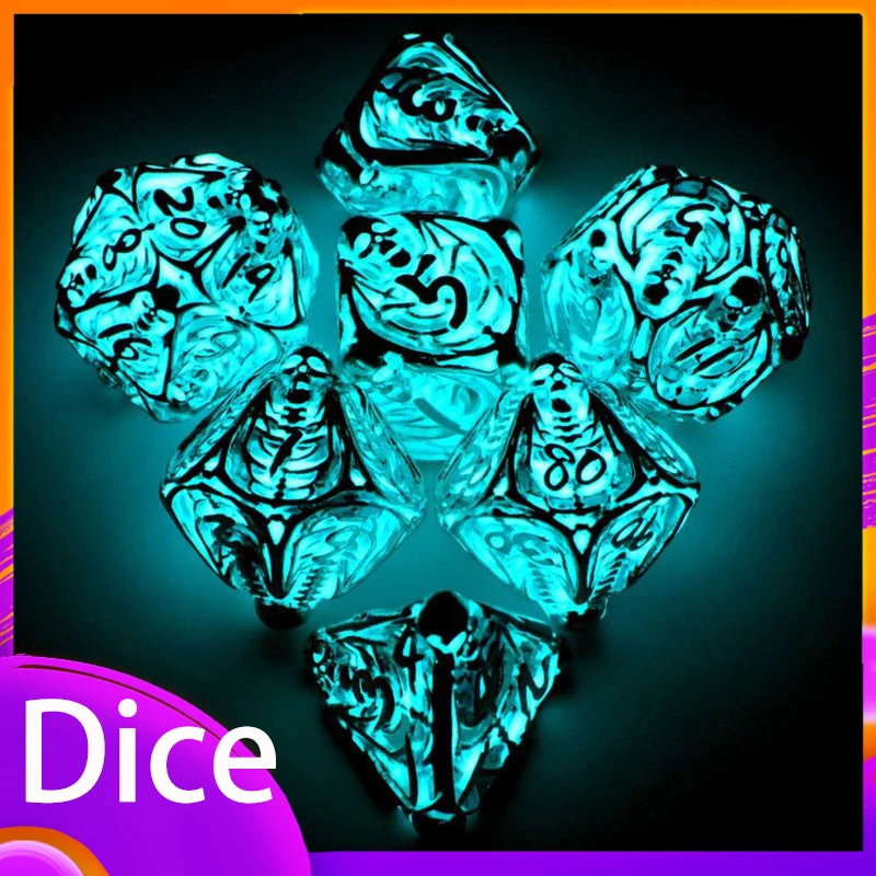 

7pcs Board Games Mystery Metal Dice Noctilucent Hollow Polyhedral Set For Table Games Essential Party Playing Rpg Game D20 Props