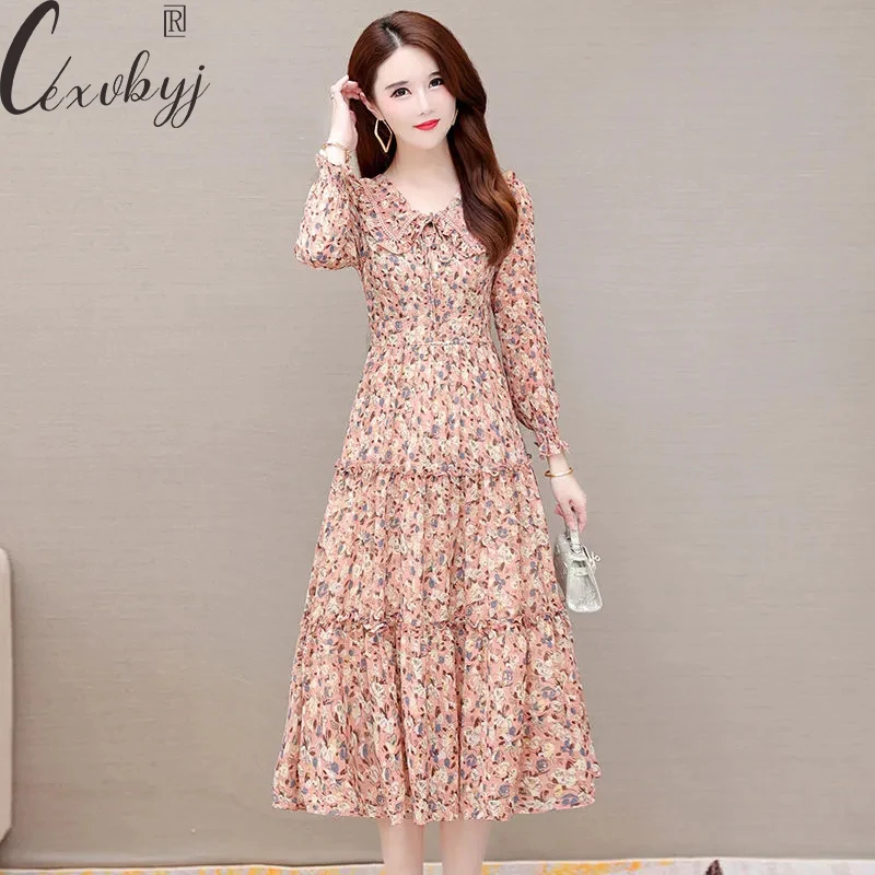 

Women Peter Pan Collar Elegant Dress French Style Long Sleeve Party Dress Spring Autumn Temperament Floral Dress Vestidos 3xl