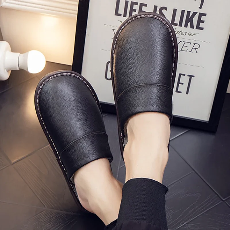 Genuine Leather Thermal Insulation for Home Use Cowhide Cotton Slippers Autumn Winter Men Women's Indoor Anti-skid Waterproof