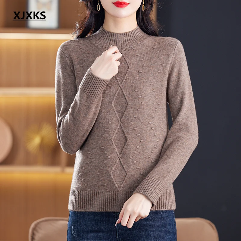 

XJXKS Solid Color Versatile Women's Turtleneck Sweater 2024 Winter New High Quality Wool Knit Pullover Knitwears Jumper