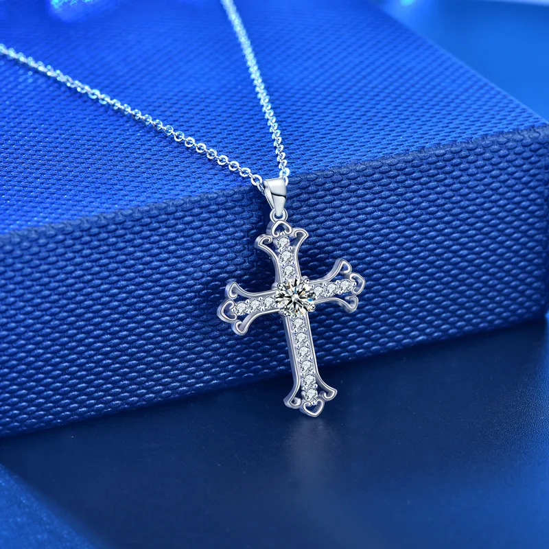 Moissanite Cross Pendant Necklace 925 Sterling Silver 18K White Gold Plated GRA Certificate