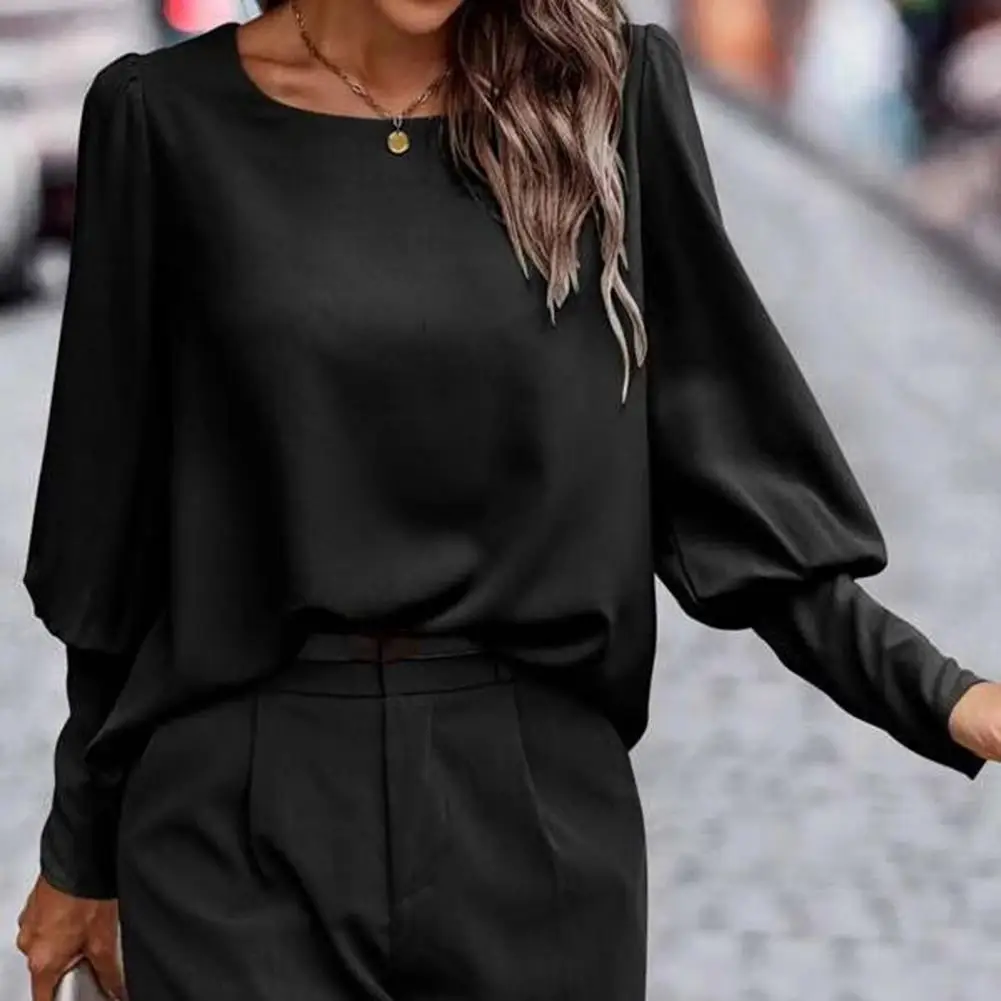 

Women Loose Blouse Trendy Lantern Sleeve Women's Blouse Button Closure Round Neck Lady Top for Spring Autumn Chic O for Lady