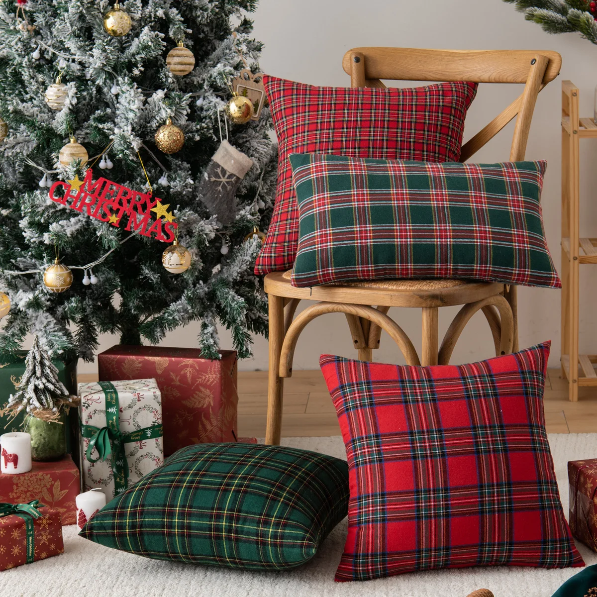 Xmas Red Tartan Plaid Throw Pillow Covers 18x18 Inch Decorative