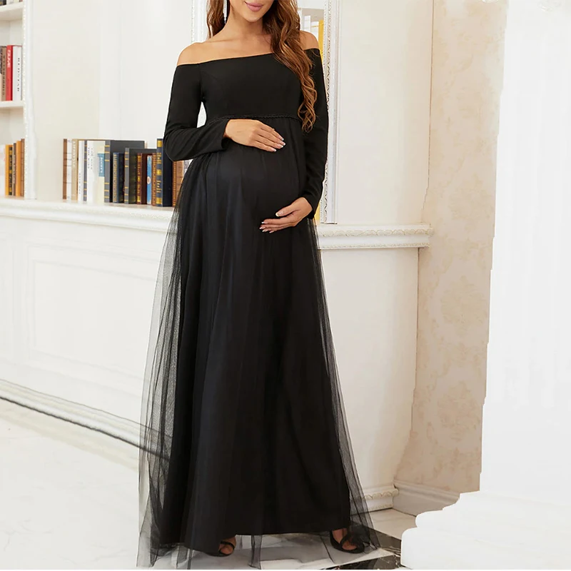 

Black Shoulderless Maternity Dresses For Photo Shoot Tulle Patchwork Pregnancy Photography Gown Pregnant Women Baby Shower Dress