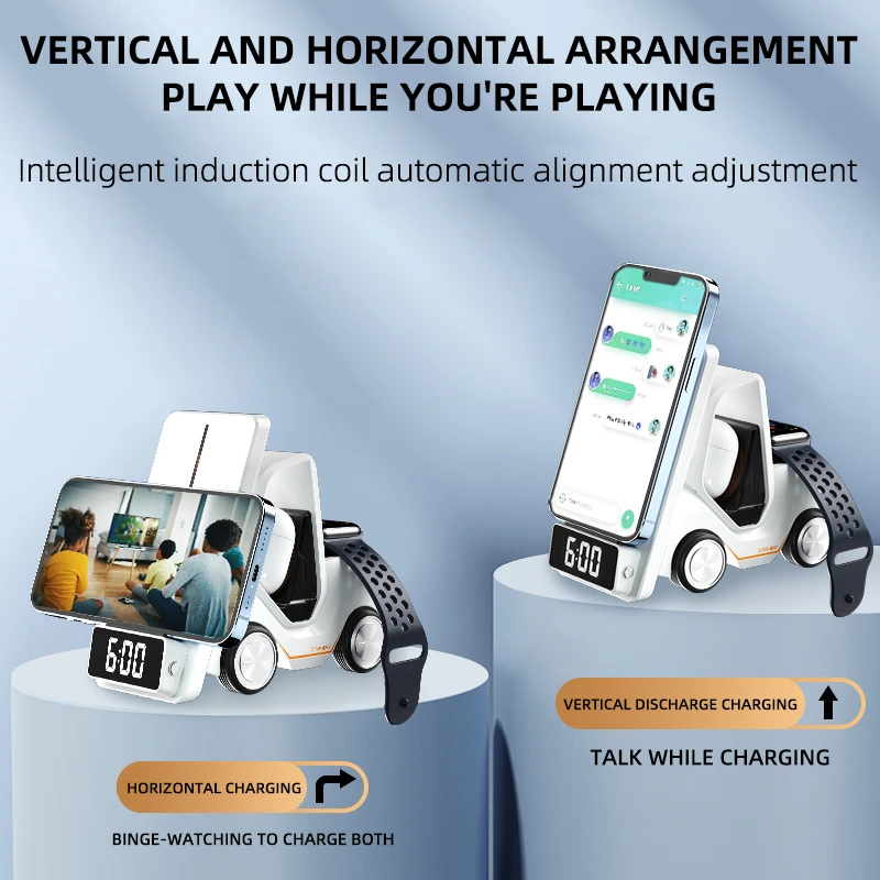 VIKEFON 5 in 1 무선 충전기 폰 스탠드, 아이폰 15, 14, 15W 고속 충전 마그네틱 독 스테이션, 애플 워치 이어폰용