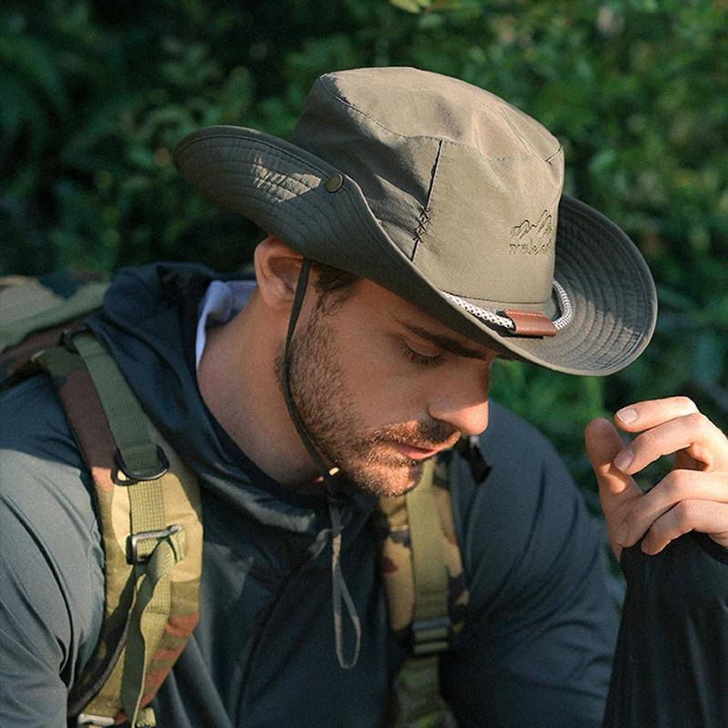 Männer Eimer Hut Sommer Leder Seil Kette Sonnenhut Wasserdichte Outdoor Wandern Angeln Kappe Uv Schützen Cowboy Hut Sonnenschirm Atmungsaktiv – Detail 5