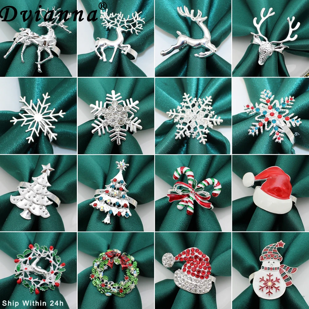 

1Pcs Christmas Napkin Rings Silver Xmas Tree Wreath Snowflake Napkin Holder Rings for Party Thanksgiving Holiday Wedding Decor