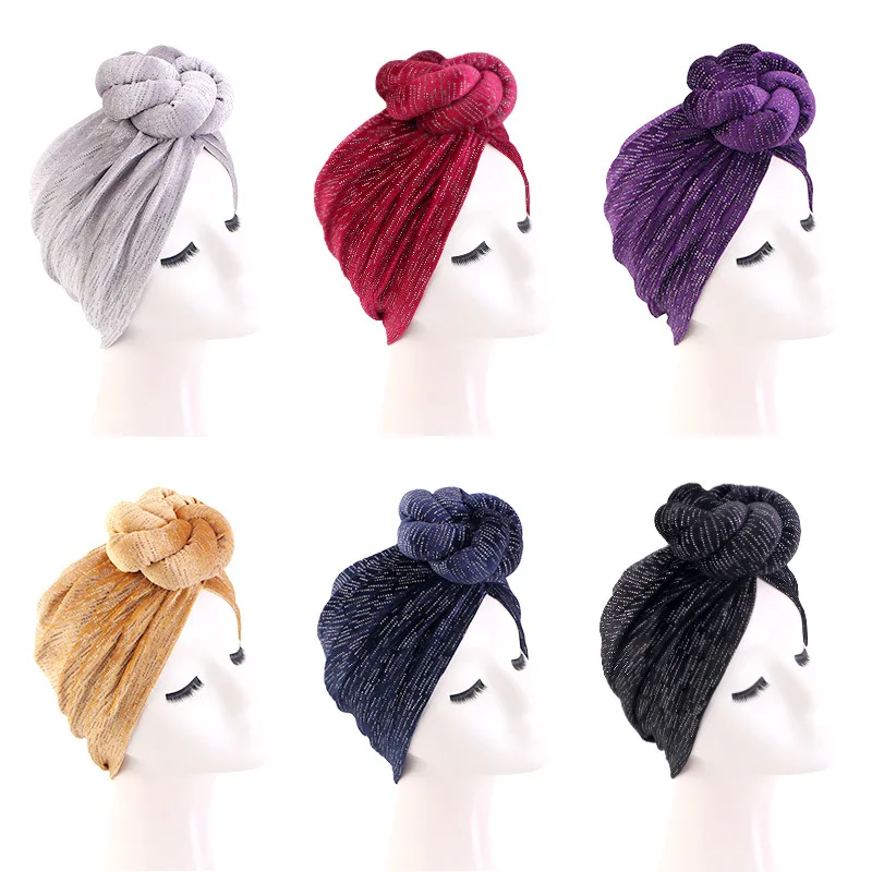 

2024 New Pre-Made Knotted Turban Hat Head Wraps Shiny Elegant Pleated Beanies Headscarf For Women Turban Chemo Cap Accessories