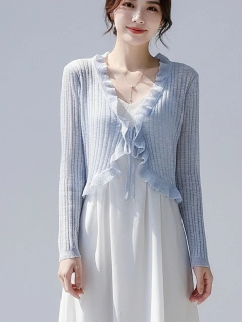 2026 Lace Trim Button Long Sleeve Women Crop Top Short Sleeve Open Front Ribbed Knit Cardigan Sweater Summer Fairycore Outfit 1