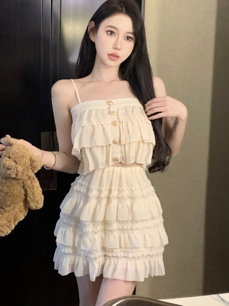 

Женский летний комплект из двух предметов, привлекательный топ на бретельках с оборками и юбка с высокой талией, пляжная одежда для отпуска