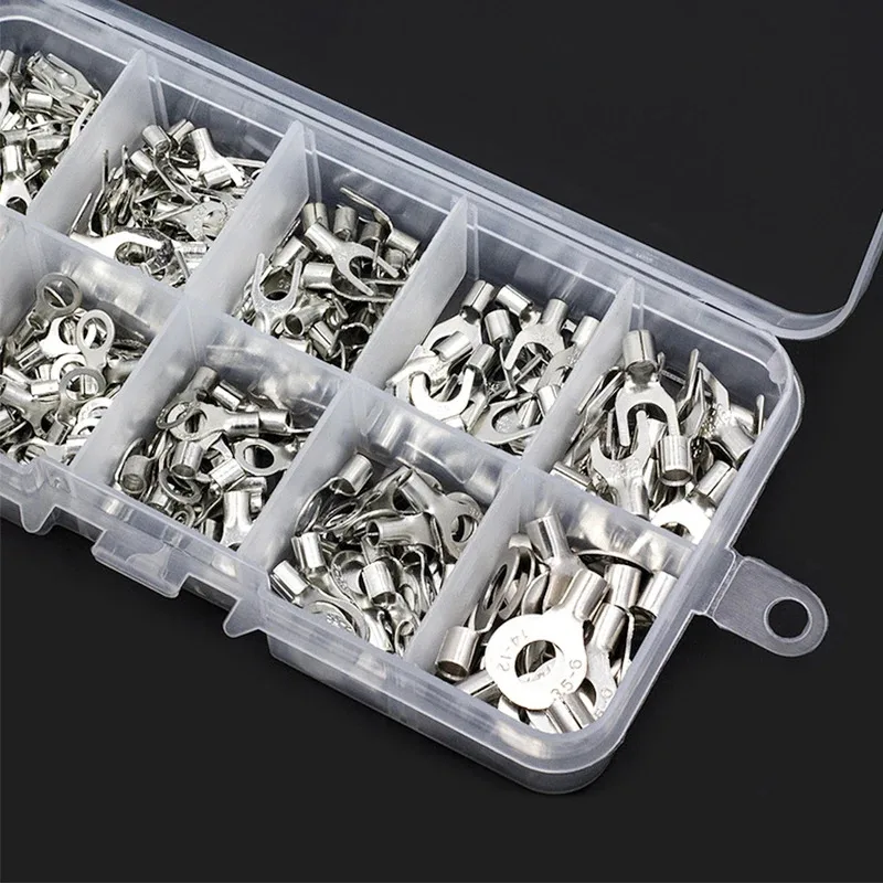 Terminal Connector Copper Ring Fork Terminals Kit Non-Insulated Electrical O/Y Type Brass Terminal Assortment Set Cable Wire Crimp Spade