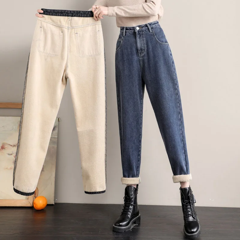 

Women's Thick Velvet Jeans, High Waist, Fleece, Keep Warm, Stretch Pencil Pants, Ladies Casual Denim Trousers, Fashion, Winter