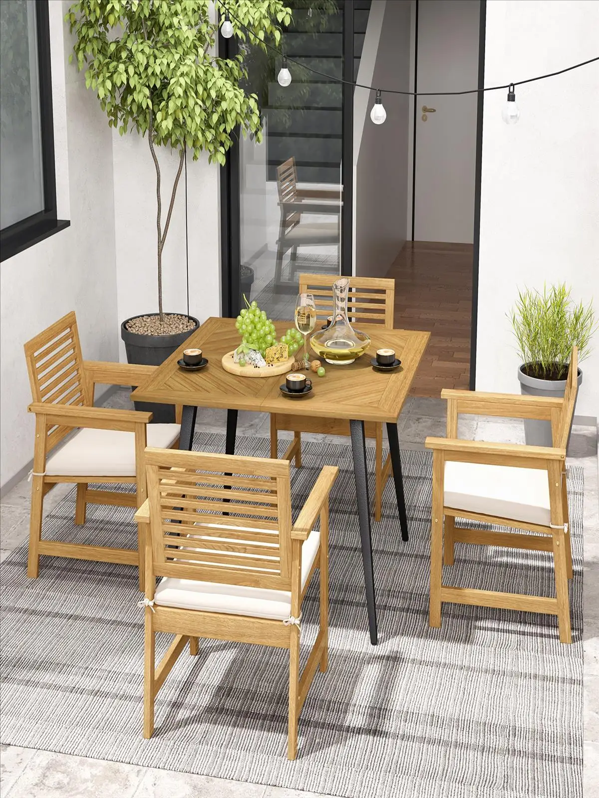 Gartentisch mit Schirmloch, 107 x 107 cm, quadratischer Terrassentisch aus Akazienholz für 4 Personen, Balkontisch, Holztisch – Detail 1