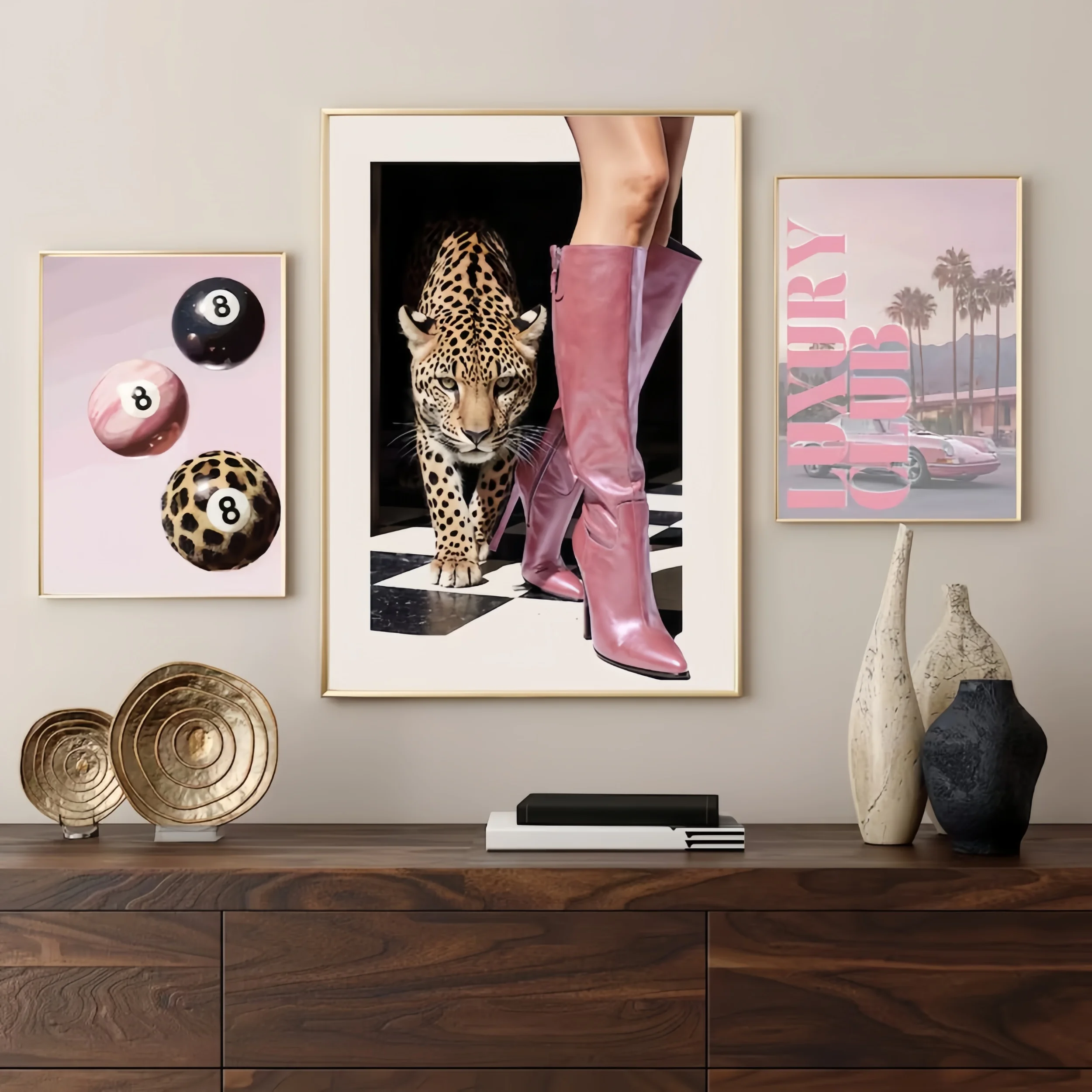 Vibrant Pink Leopard Cheetah Canvas Art with Lucky 8 Ball Design