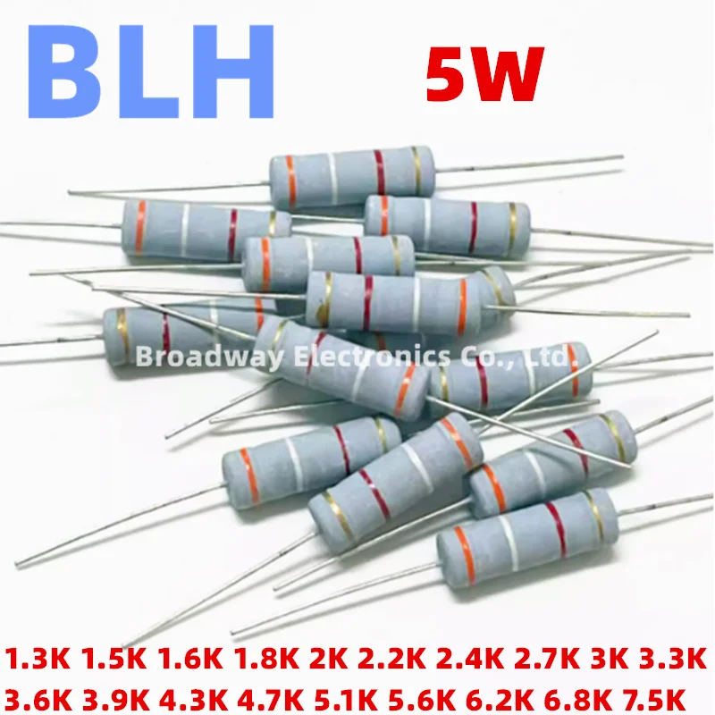 10PCS 5W Carbon Film Resistor 5% 1.3K-7.5K Ohm