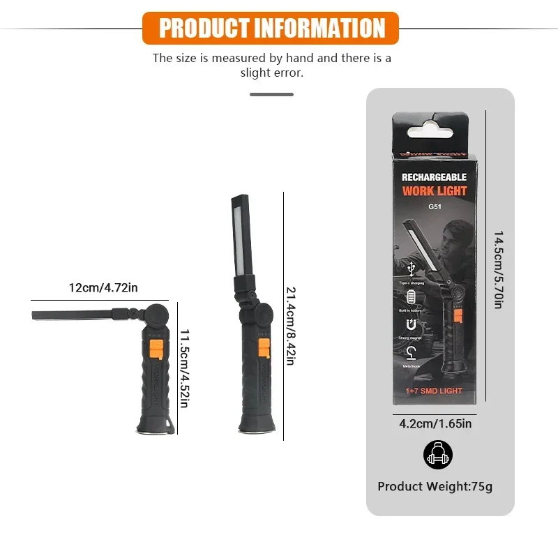 LED Flashlight Rechargeable Torch Work Light with Magnetic Base 4 Modes for Home Outdoor Camping