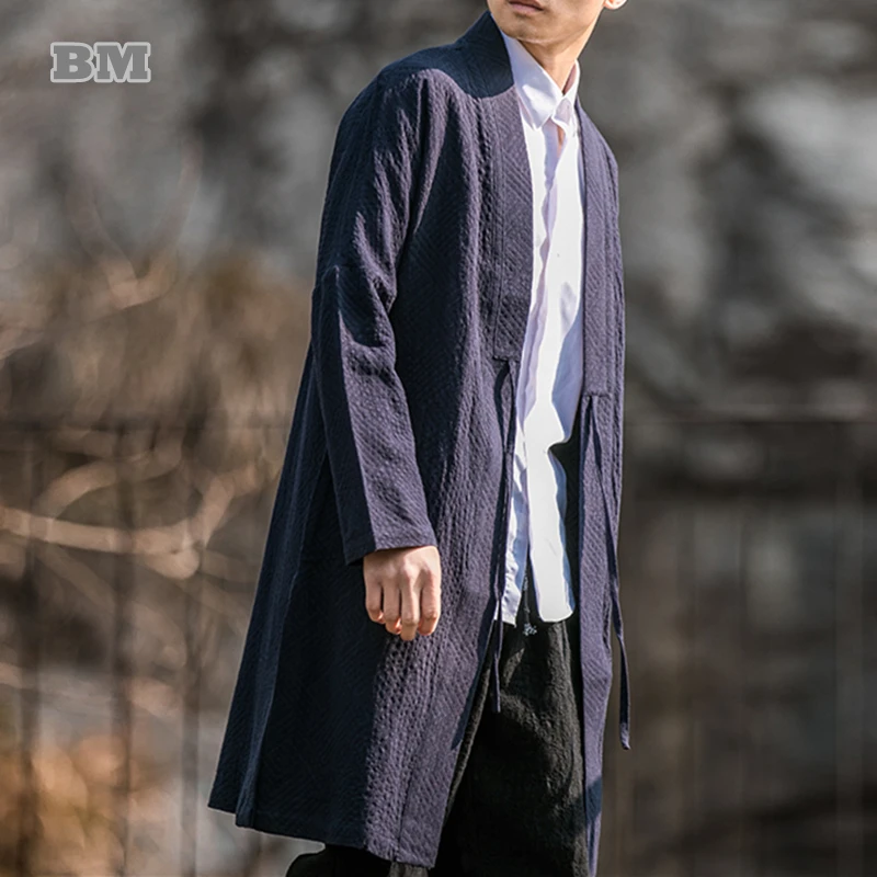 Men Chinese Traditional Dress Medium Length Coat Cotton Linen Windbreaker