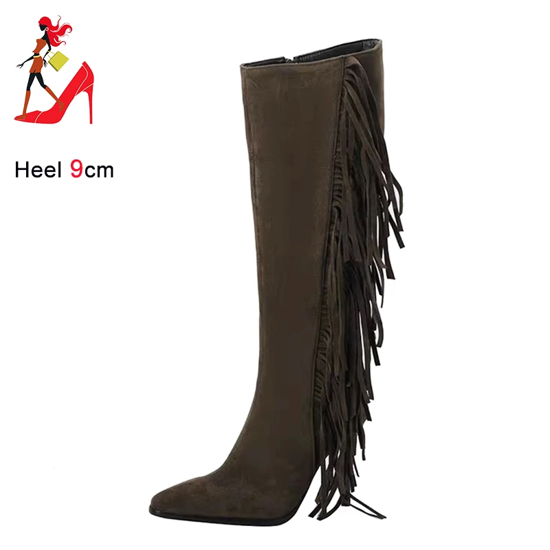 

Bohemia Style Fashion Women Boots 9CM Faux Suede High Heels Outdoors Ladies Pointed Toe Shoes Autumn Winter Long Tassels Boots