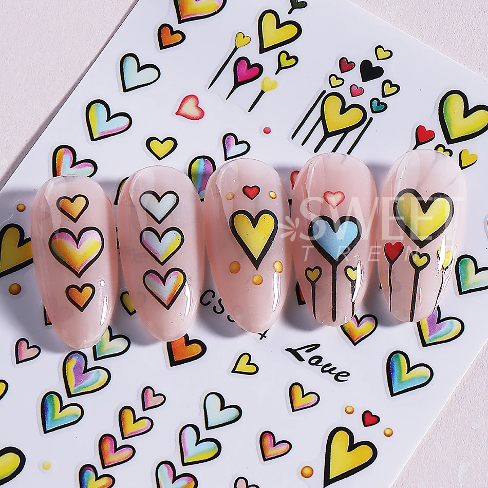 3pcs Bohemian Heart Nail Art Stickers Valentine's Red Love Heart Petals Simple Line Nail Decals DIY Manicure Decoration Sliders