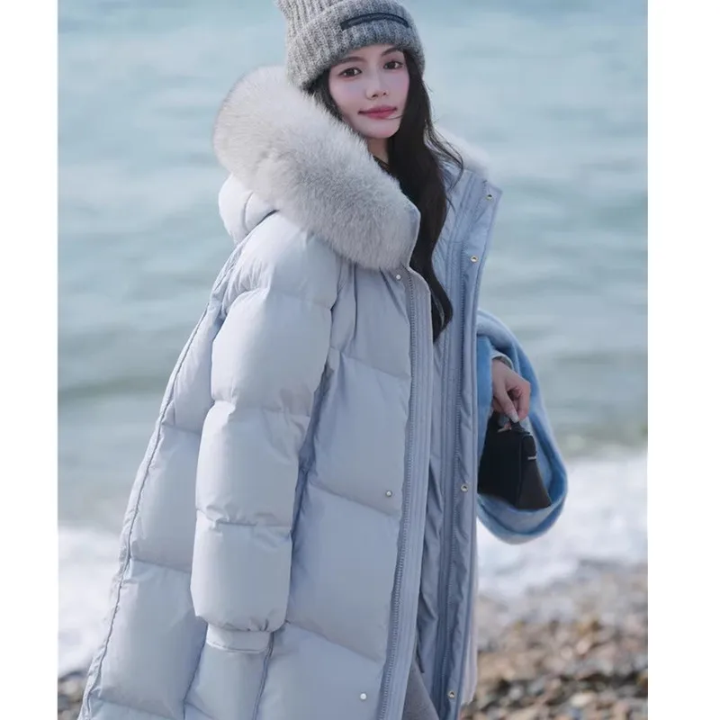 

Winter Natural Fox collar Down Jacket 2024 Women Thicken 90White Goose Down Hooded Coat Windproof Rainproof Female Long Overcoat