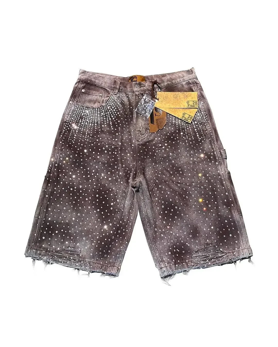 Gothic trend new rhinestone pocket exquisite denim shorts men's y2k hip-hop design personality style daily couple wide-leg pants