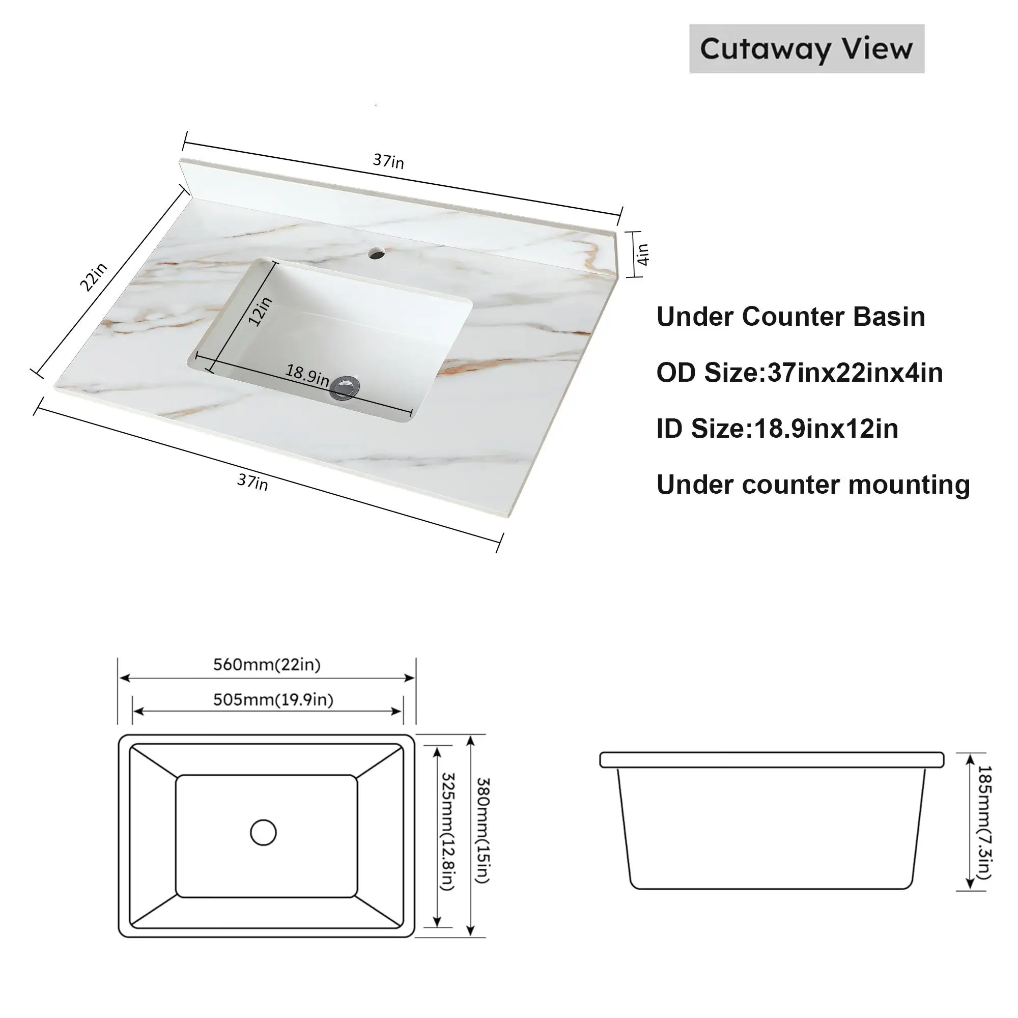 37 Inch Marble Bathroom Vanity Top with Undermount Sink & 4 Backsplash - Pre-Drilled Single Hole Faucet Space 4