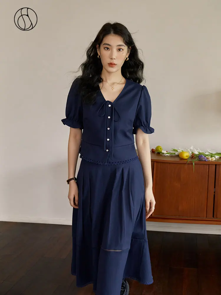 DUSHU Retro Special Small Fragrance Elegant Suit for Women Summer Newly Design Short-sleeved Shirt High Waist Skirt Female