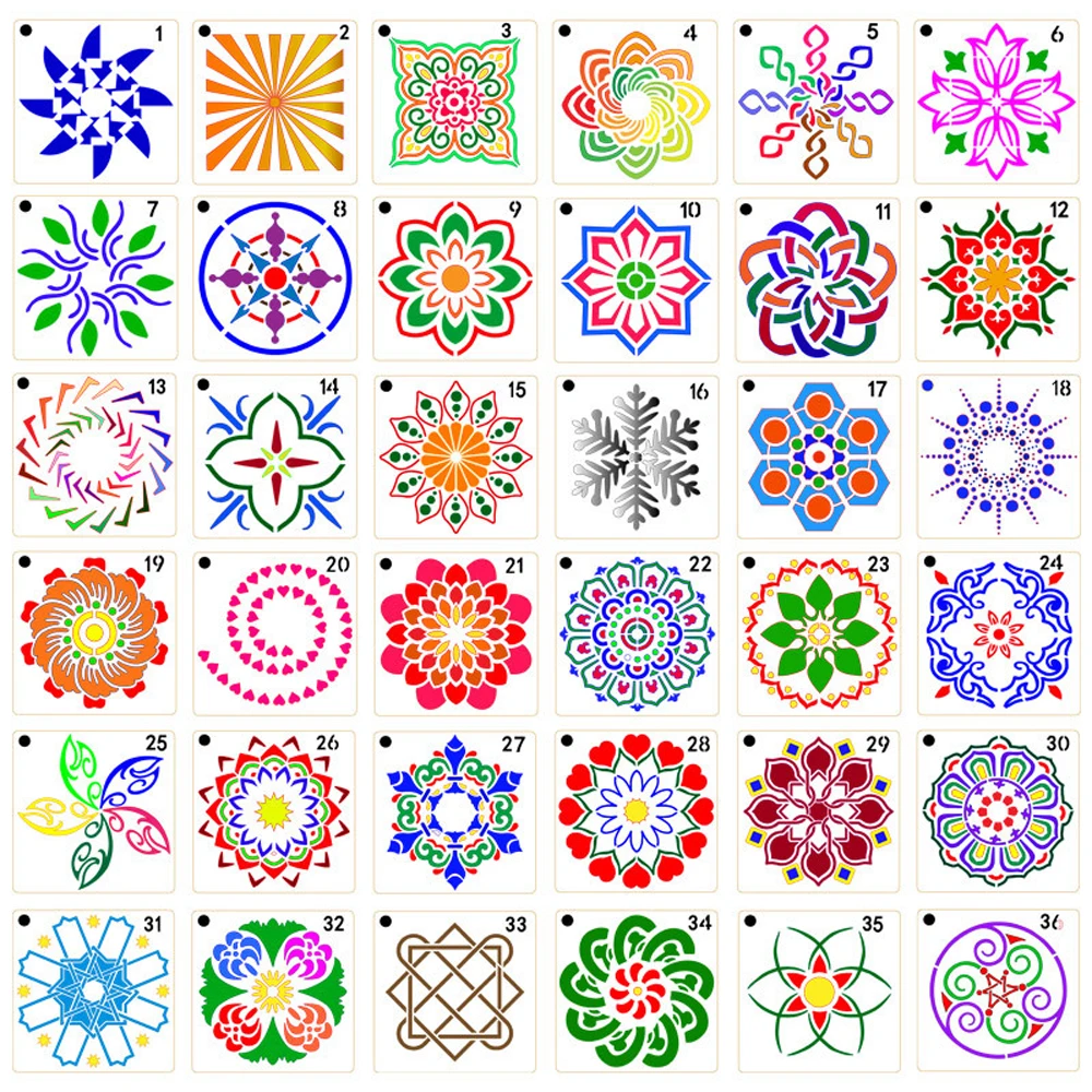 

36pcs Plastic Painted Decor DIY Hollow Mandala Pattern Painting Stencils Wall Paper Stencils Drawing Tool (As Shown)