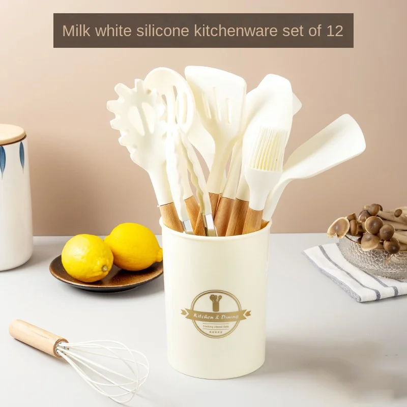 Kitchen Utensils 12Set Wooden Handle Silicone Non-Stick Pan Cooking Tools