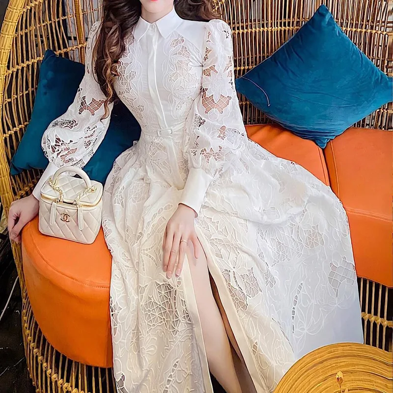 2024 New In Spring/Autumn Lace Long Women Evening Dress Hollow Embroidery Formal Party Dress Prom Dress Puff Sleeve Niche Design 2021 new spring autumn women stand collar long sleeve slim long dress high quality hollow out patchwork lace dress