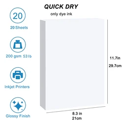 ESHANG Premium Glossy Photo Paper - Quick Dry, High Gloss Finish, 200G (A4 20sheets)