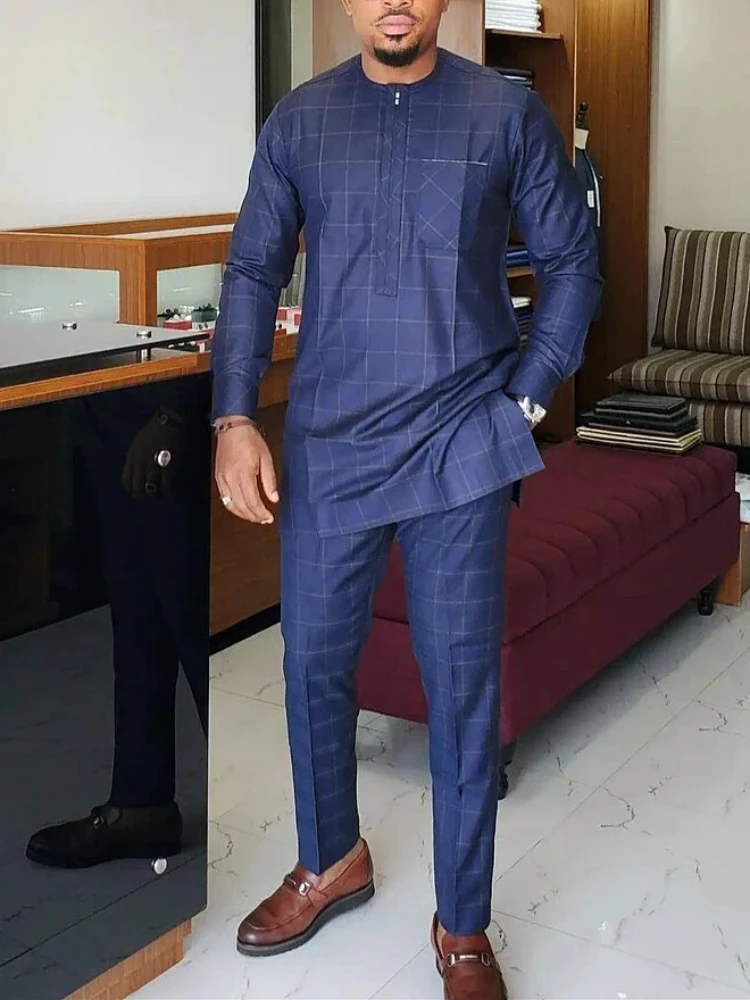 

Men's luxury fashion leisure navy blue geometric print two-piece set