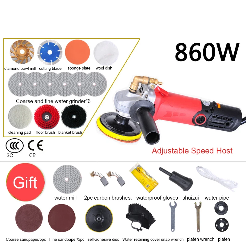 1400w Electric Polisher Marble Granite Wet Stone Polishing Machine Grinder Hand Grinder Water Grinder Polishing Pad Power Tool electric 1400w marble granite wet stone polisher grinder sander hand grinder water mill variable speed c w 7 pcs polishing pad