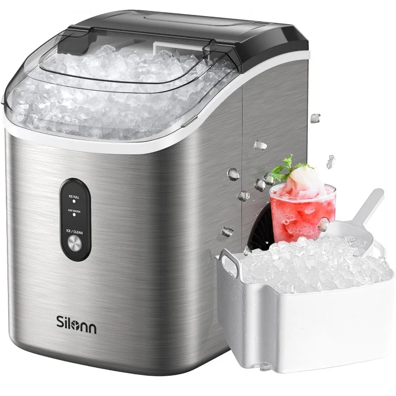 

Nugget Countertop Ice Maker, Silonn Chewable Pellet Ice Machine with Self-Cleaning Function, 33lbs/24H, Portable Ice Makers