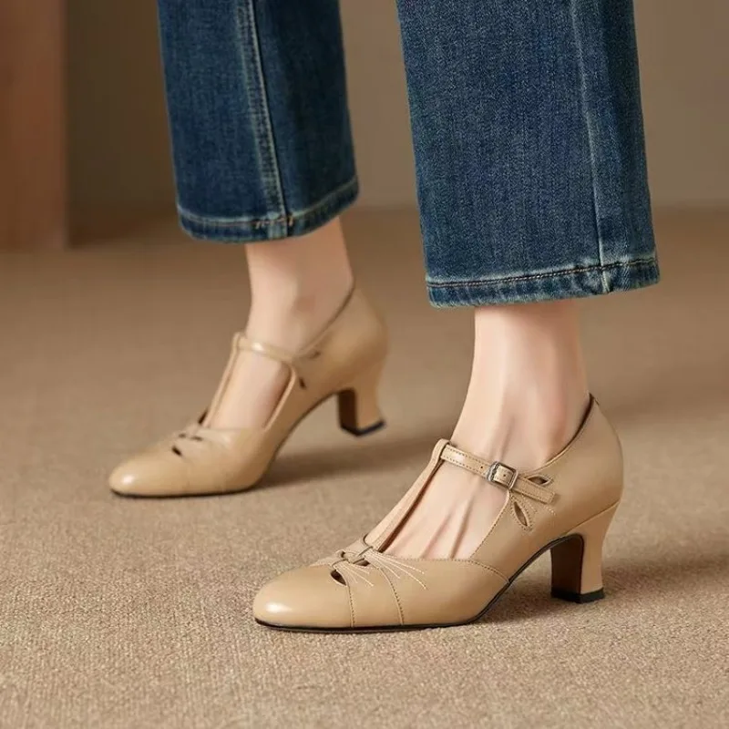 Elegant Women's Sandals Summer Shoes 2025 Genuine Leather Ankle Straps Red Nude Low Heels Flip Flops Female Party Shoe Close Toe 3