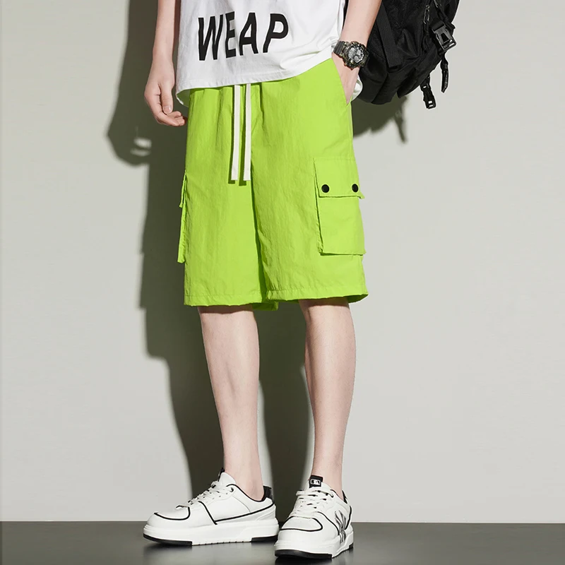 Men Trendy Casual Streetwear Loose Ice Silk Straight Short Pants 2024 Summer Youth Student Sports Pockets Beach Y2K Cargo Shorts