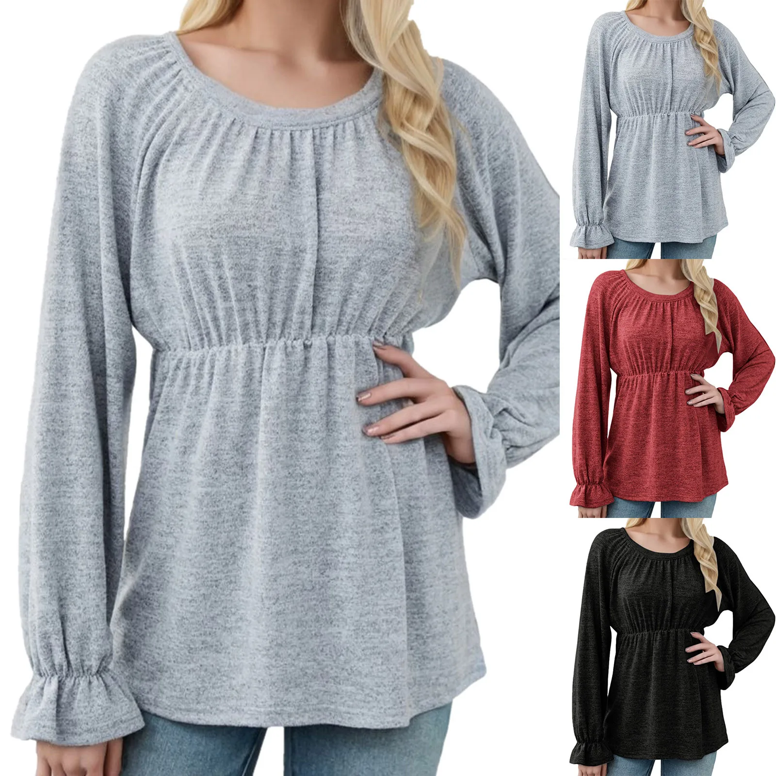 

2023 New Long Sleeve Elastic Waist Blouses For Women Dressy Casual Tree Cotton Shirt Elegant Female Ruffles Top Swing Streetwear