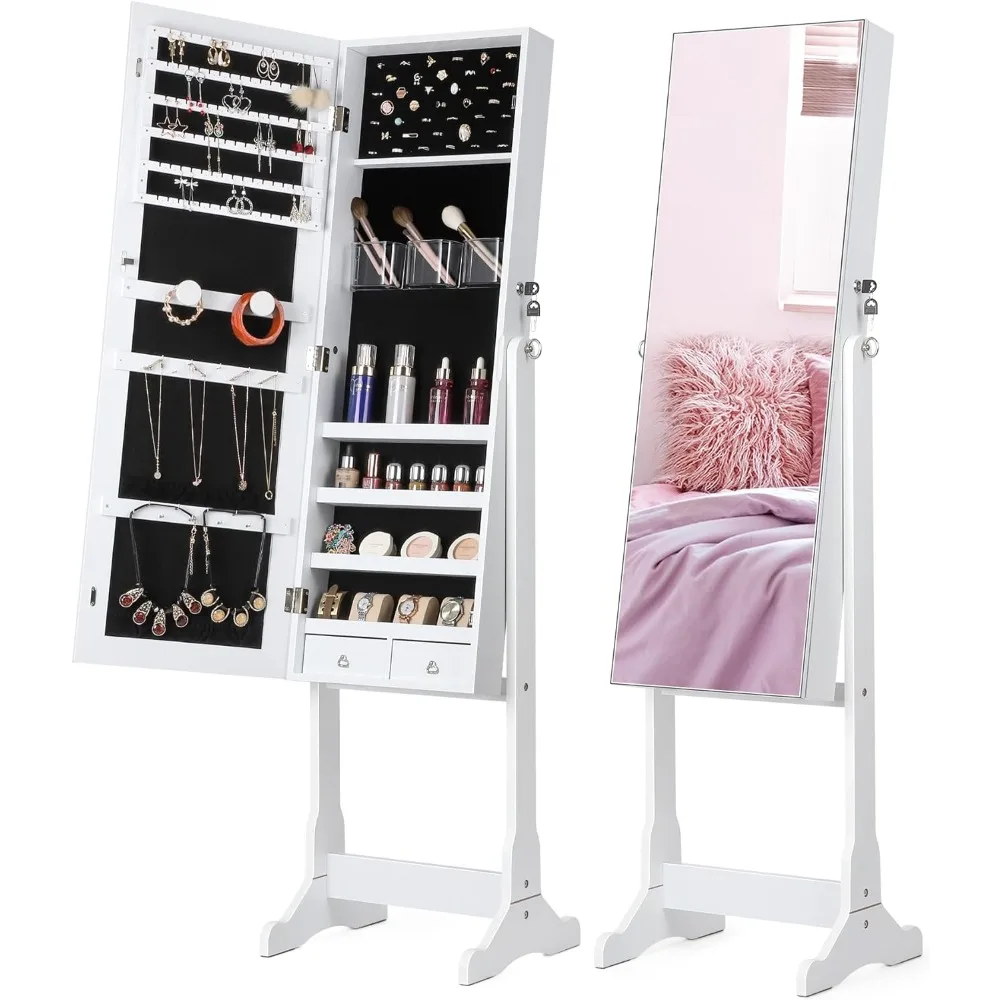 Nicetree Jewelry Cabinet with Full-Length Mirror, Standing Lockable Jewelry Armoire Mirror Organizer, 3 Angel Adjustable, White