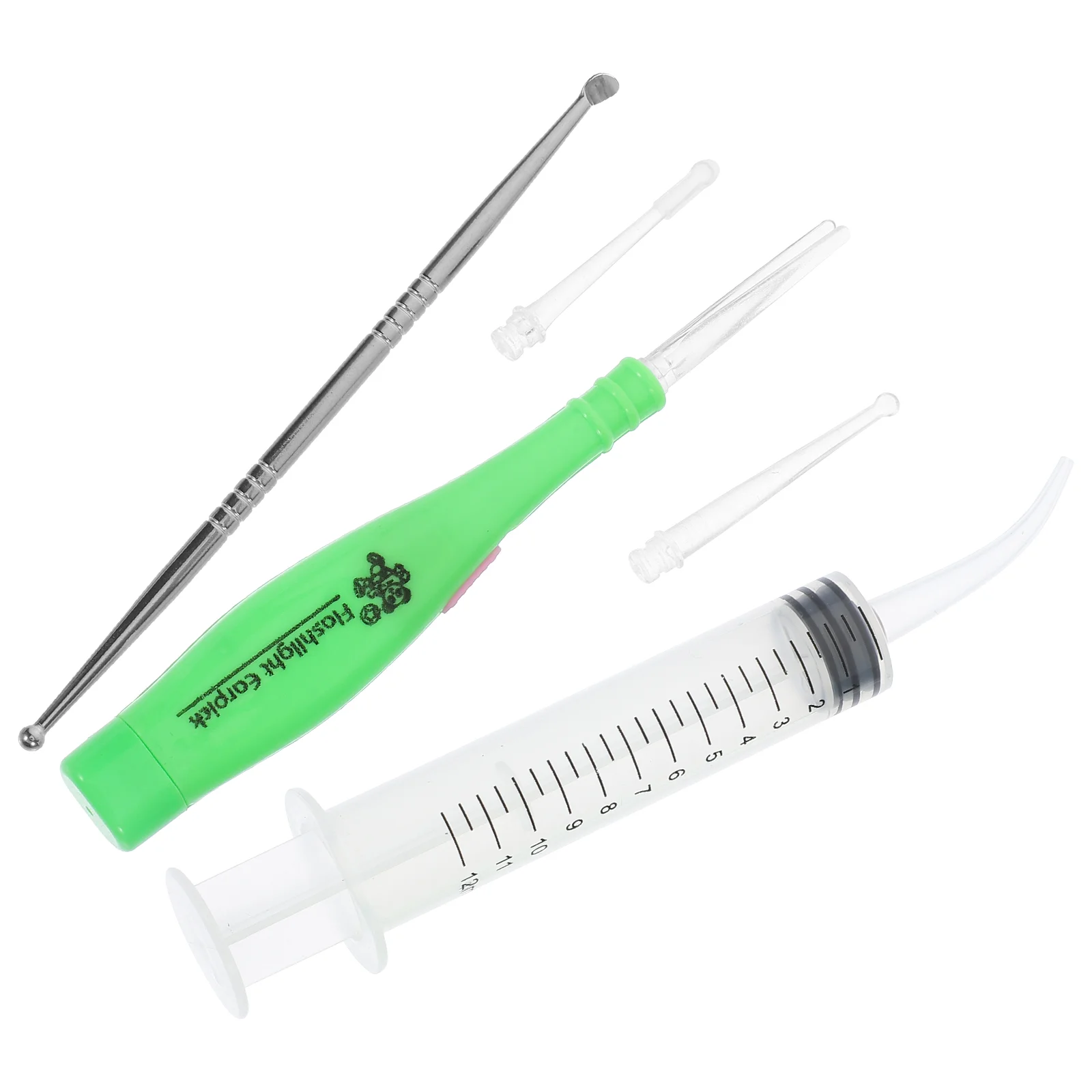 Portable Stainless Steel Ear Spoon Luminescence LED Ear Spoon Irrigation Syringe Set(Spoon Random Color, Bent Syringe with 5