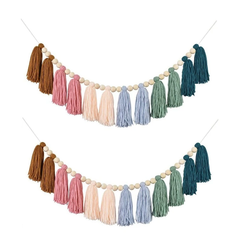 

2PCS Rainbow Boho Tassel Garland Colorful Wall Hanging Garland Hanging Tassel Garland With Wood Beads Party Baby Shower Decor
