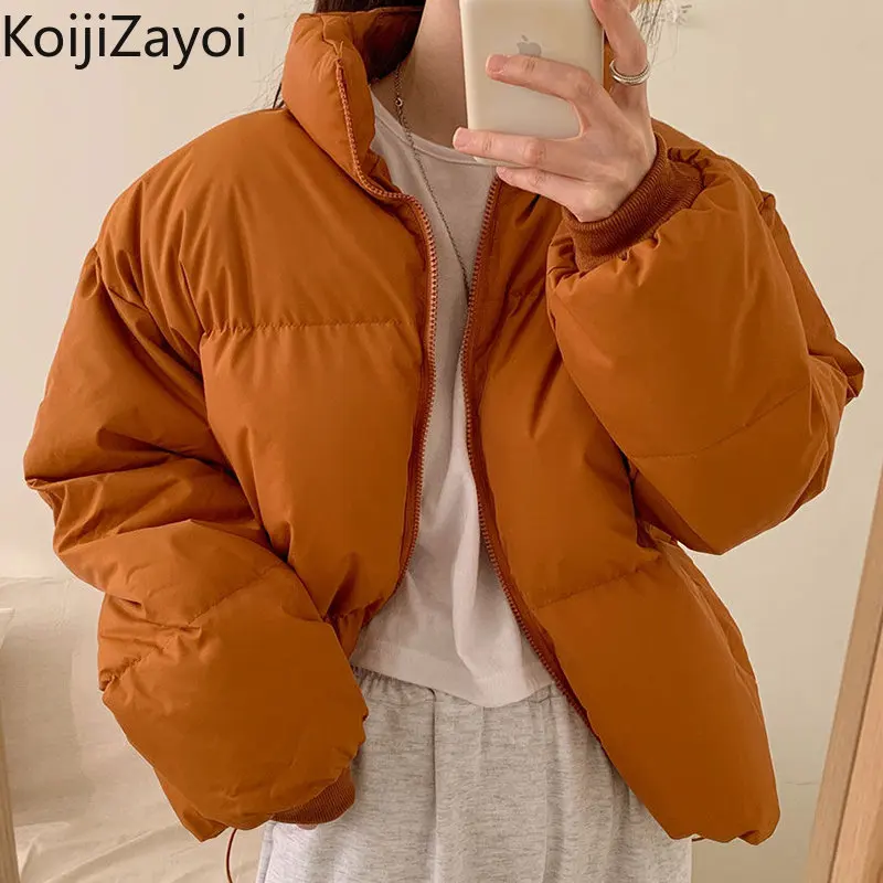 

Модные женские зимние парки Koijizayoi, толстое теплое свободное Стеганое пальто на молнии, милое однотонное шикарное корейское пальто с воротником-стойкой, куртки-парки