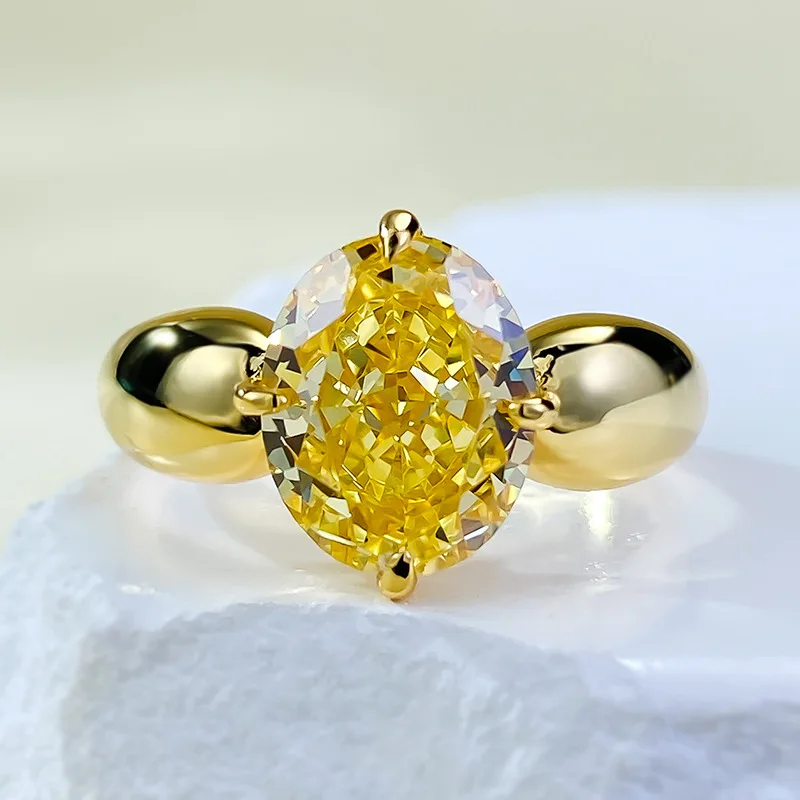 

18K Gold Plated 925 Sterling Silver Sparkling Crushed Ice Cut 4CT Oval Citrine Gemstone Wedding Ring for Women Jewelry