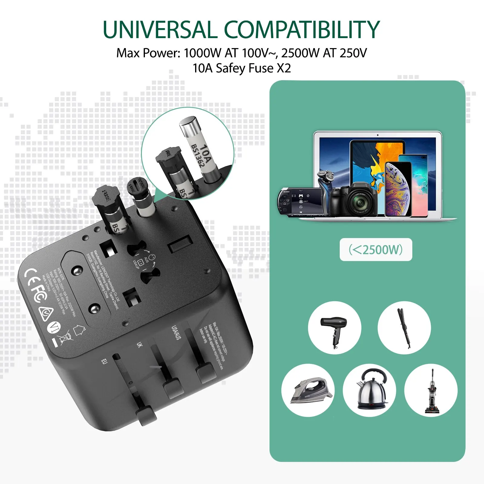 Universal All-in-One Travel Power Adapter with Dual USB Charging Ports