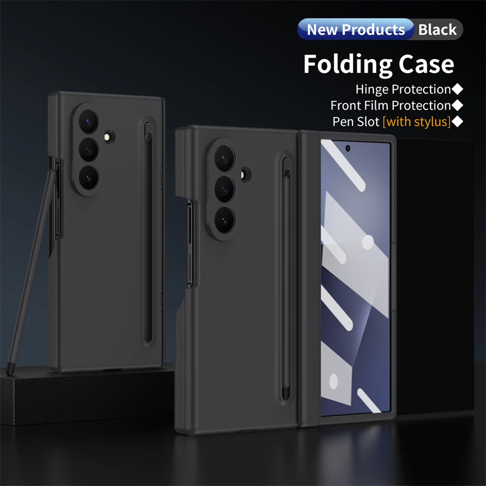 Luxury Steel Film Pen Slot Phone Case with Tempered Glass and Hinge Protection Cover