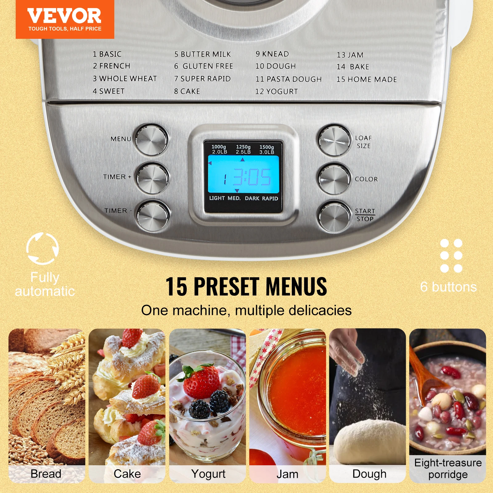 VEVOR 15 in 1 Automatic Bread Maker with Gluten Free Setting