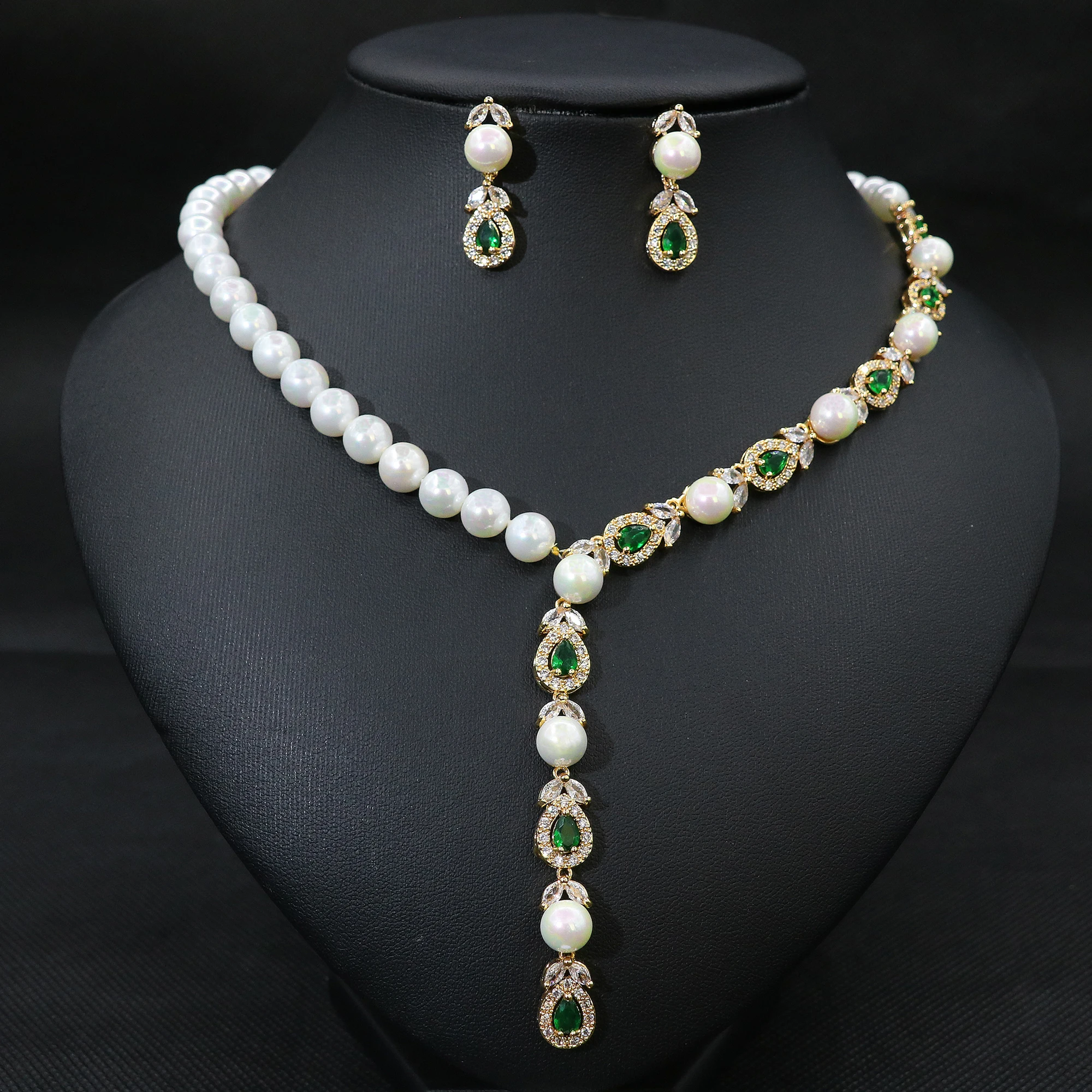 

New Style Women Delicate Pearl Pendant Jewelry Set Delicate Pearl Cubic Zirconia Necklace Earrings for wedding banquet day