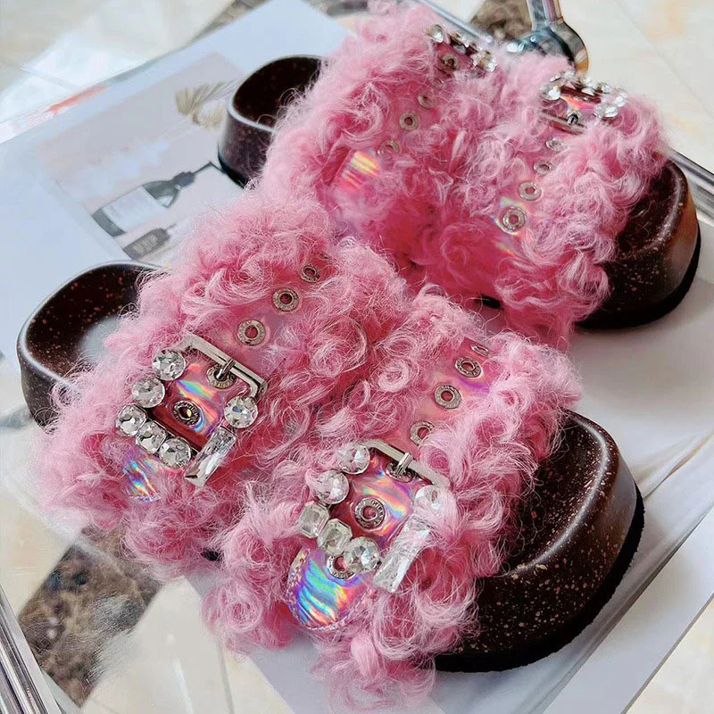 Autumn European Station New Women's Casual Slippers Korean Version Of The Trend Wool Rhinestone Home Fashion Fur Sandals 2023
