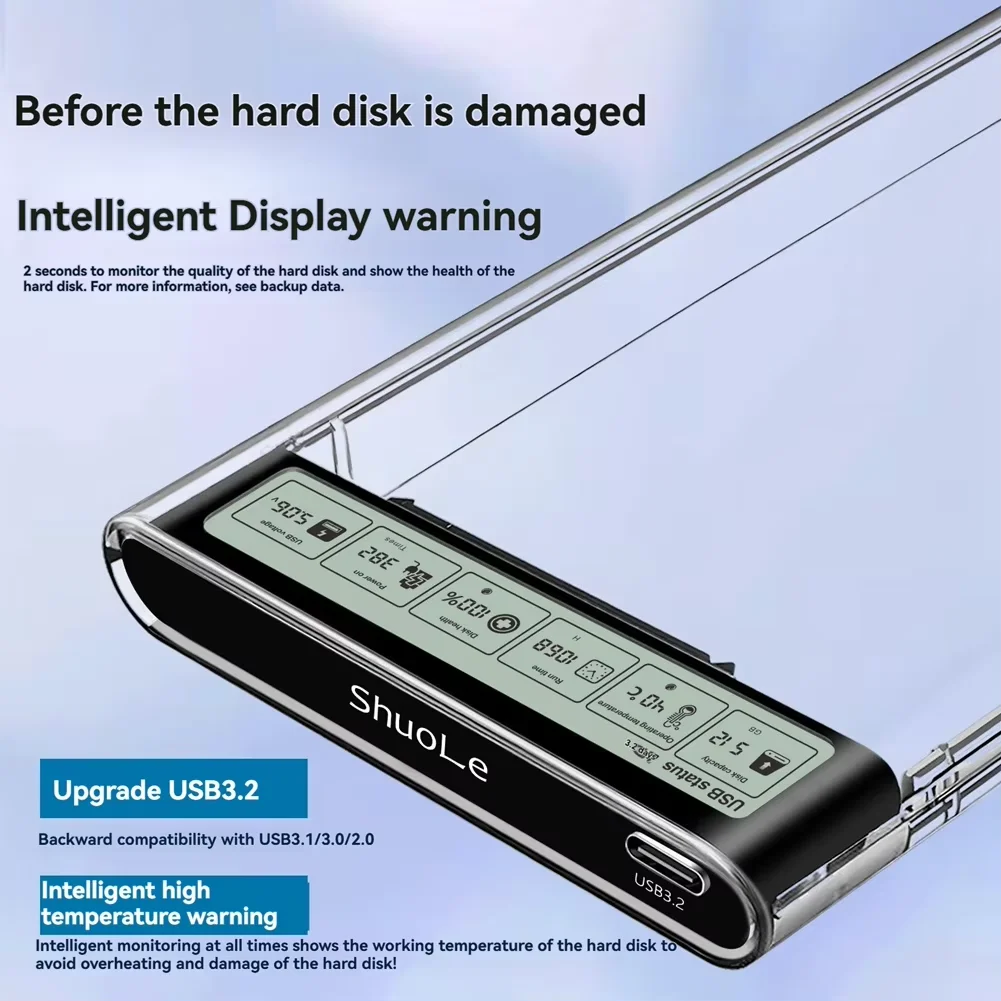 KEBIDU 2.5'' HDD SSD 케이스 스마트 디스플레이 외장 HDD 인클로저 USB3.2 Gen2 하드 드라이브 노트북 PC용 투명 휴대용 스토리지 케이스 ,2.5'' HDD SSD Case Smart